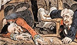 Image detail from the cover of Stephen Brumwell's book 'Cassell's Companion to Eighteenth Century Britain' showing a print of drunken revellers.