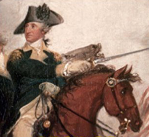 Image detail from the cover of Stephen Brumwell's book 'George Washington: Gentleman Warrior' showing George Washington on horseback, a detail from the painting 'The Death of General Mercer at Princeton' by John Trumbull.