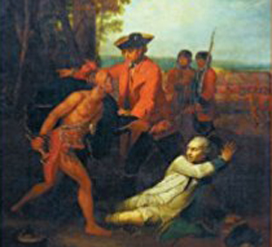 Image detail from the cover of Stephen Brumwell's book 'Redcoats' showing painting by Benjamin West of a British officer saving a French soldier from a Native American.