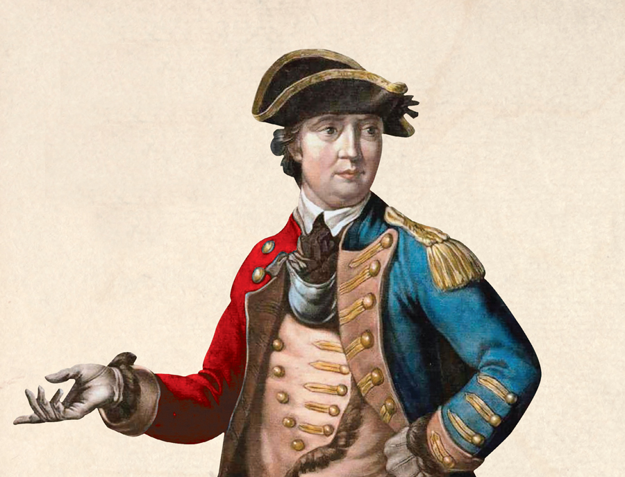 Image detail from the cover of Stephen Brumwell's book 'Turncoat' showing Benedict Arnold in a two-coloured coat, adapted from a 1776 print.