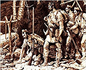 Image detail from the cover of Stephen Brumwell's book 'White Devil' showing a print of Robert Rogers and his Rangers.