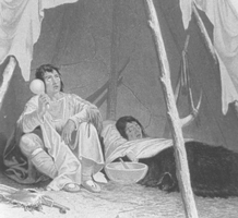 Image of mid-19th century engraving showing a Native American medicine man caring for an ill Native American, after Captain Samual Eastman.