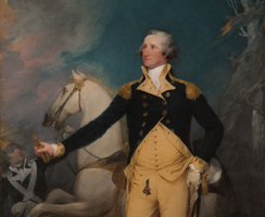 Image detail of oil painting by John Trumbull of George Washington at Trenton posed in front of a white horse.