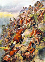 Image of painting of General Wolfe's British troops scaling the Heights of Abraham, Quebec, in 1759.